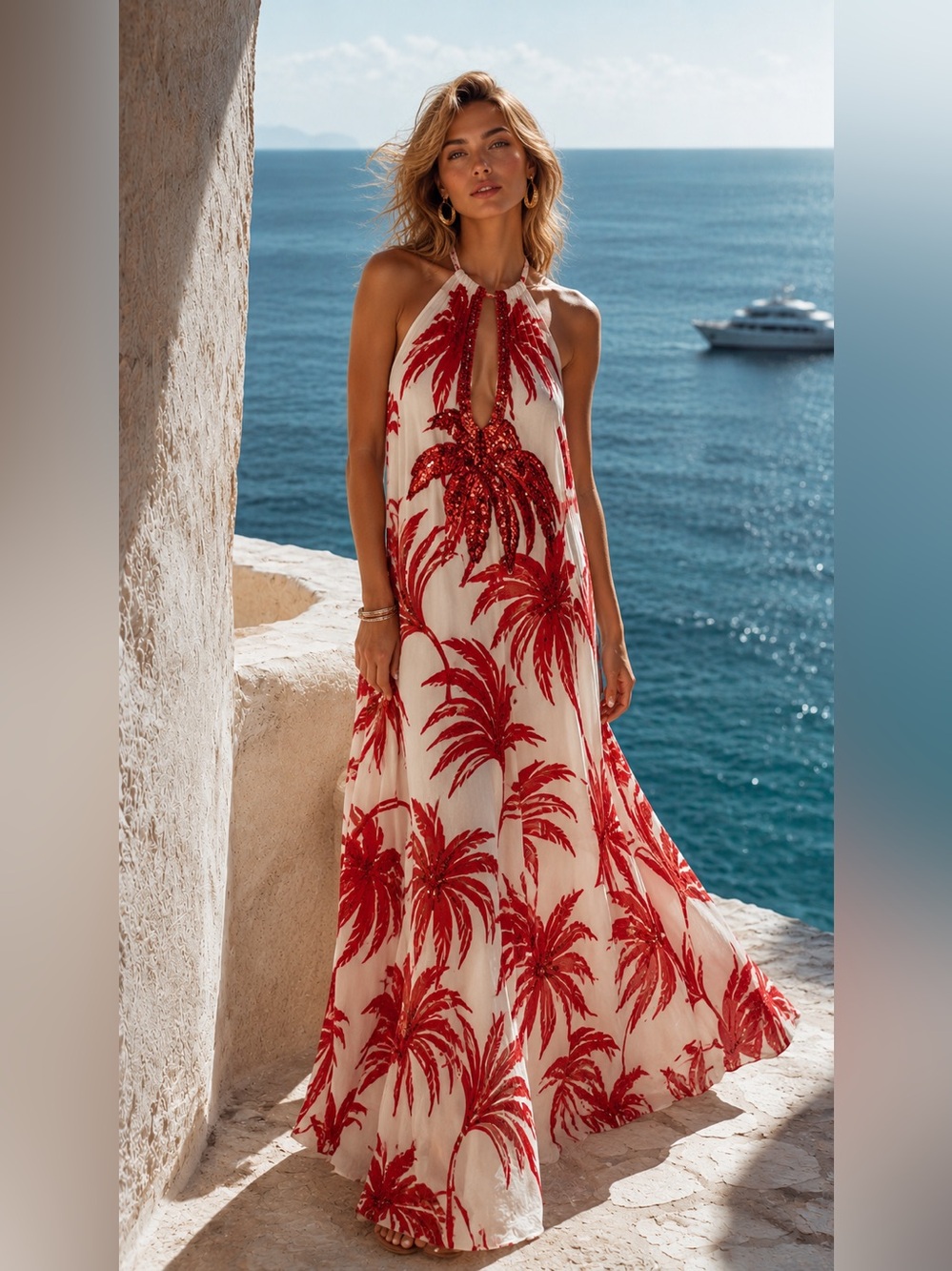 Taj by Sabrina Crippa Red Palm Sequin RARE Resort Beach Maxi Dress Size XS NWT